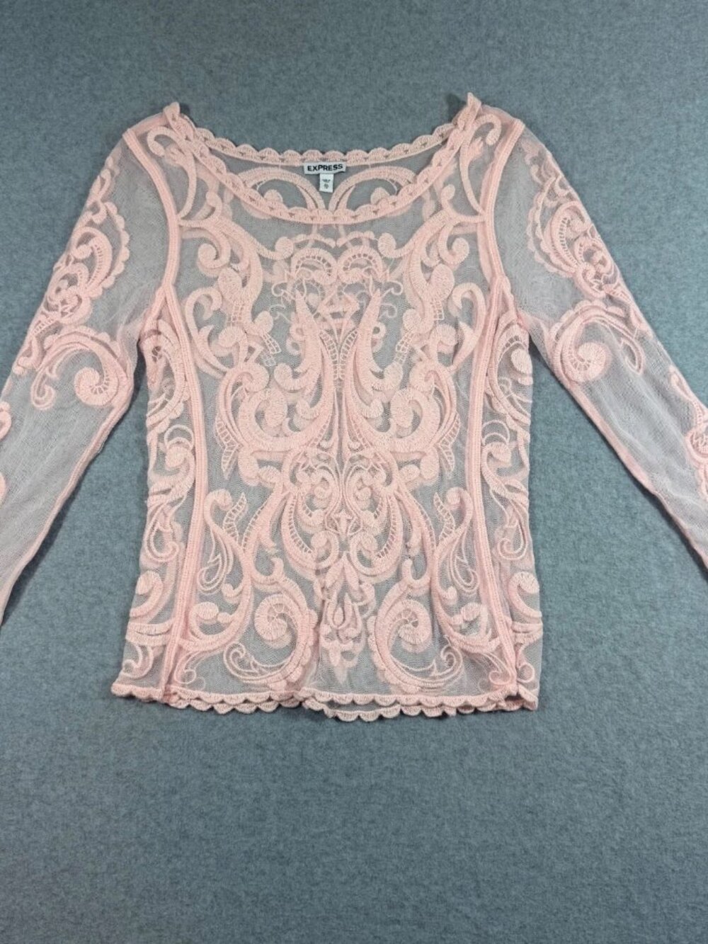 Express Womens XS Blush Pink Sheer Lace Embroidered Long Sleeve Top